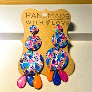 NWT & HAND-PAINTED Chandelier Earrings in pink, blue, teal & orange.